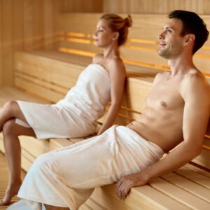 Quick Spa By The Sea. Couples having sauna for their August Holiday in Limassol